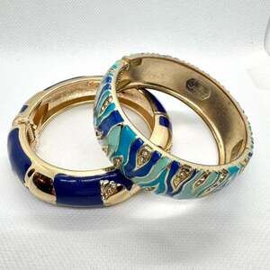 Two Sequin Bangles Hinged Clamper Enamel Gold Tone Bracelets Nautical Coastal